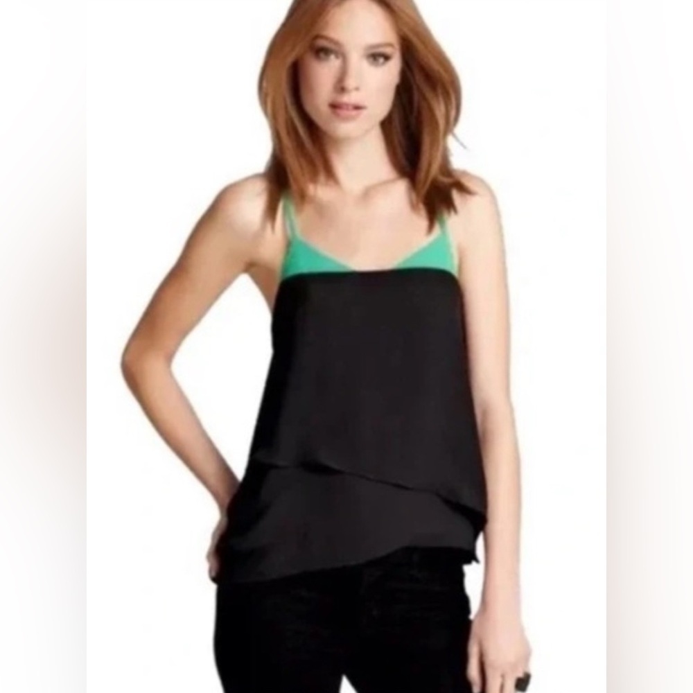 BCBGMaxazria Mika Black Green Asymmetric Tiered Racerback Tank Sz M